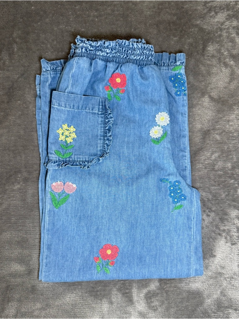Mini Boden Blue Denim Jeans with Multi-Color Floral Embroidery